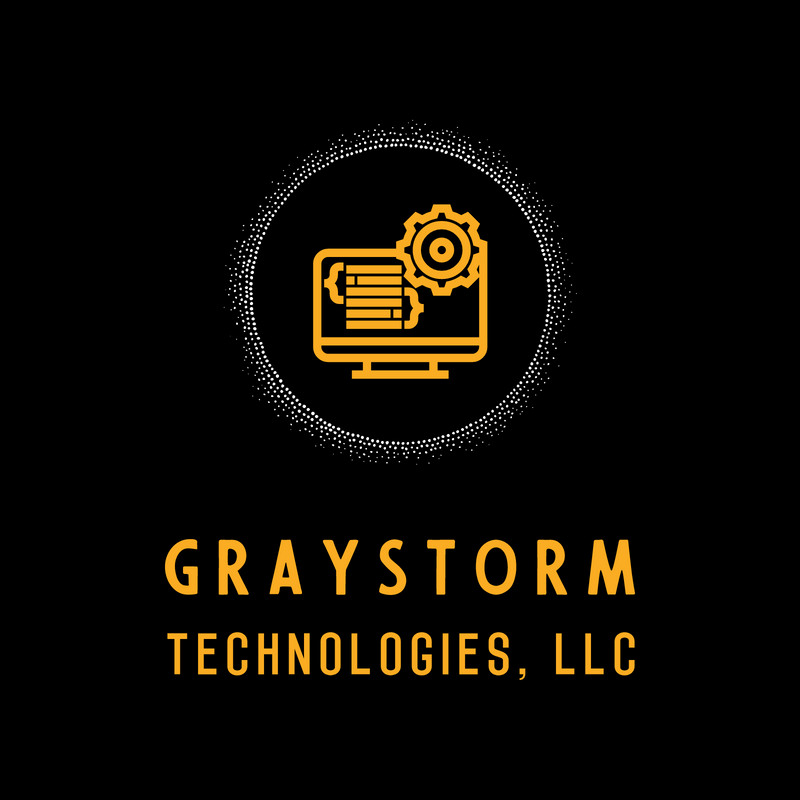 Graystorm Technologies logo, black with dark gold lettering